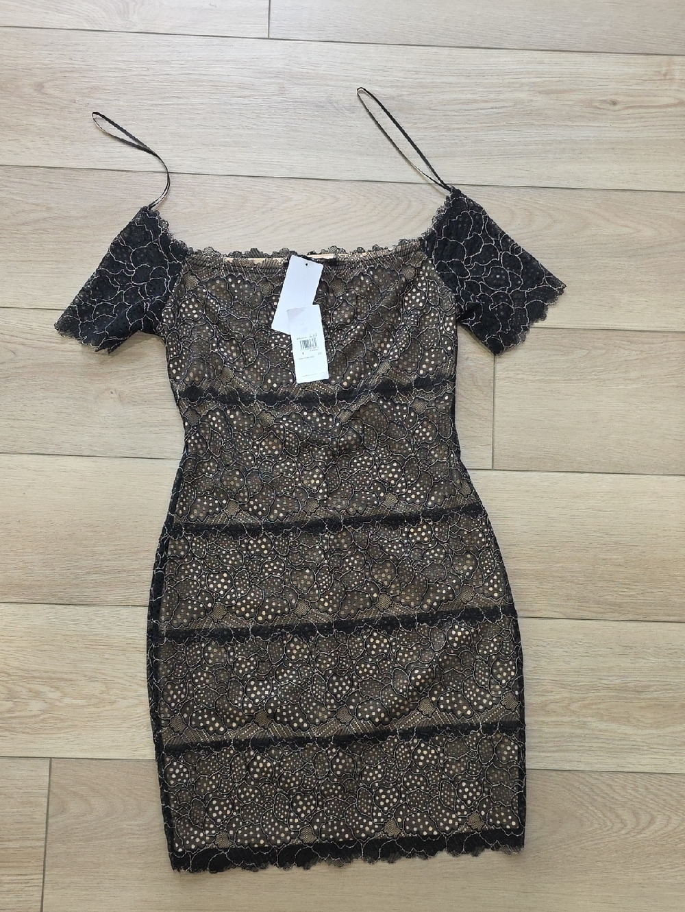 Off-Shoulder Black Nude Lace Stretch Mini Dress with Nude Lining
